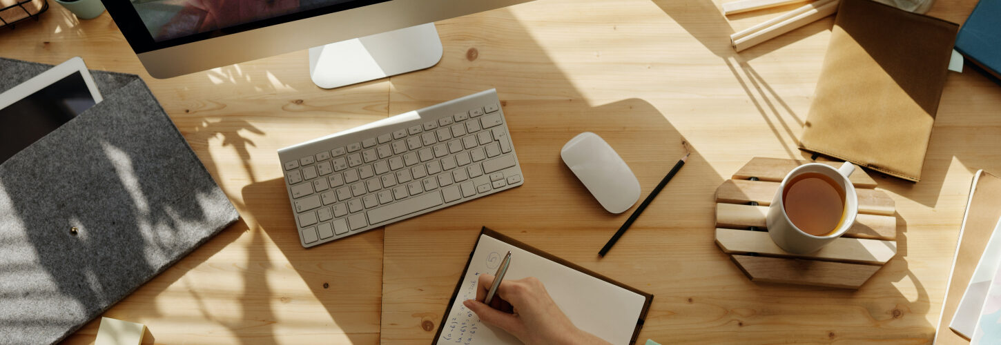 View down at desk with keyboard