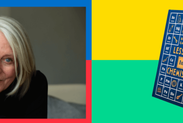 Photo of Bonnie Garmus and the book Lessons in Chemistry