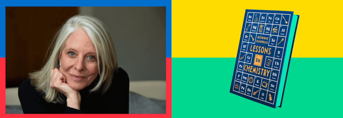 Photo of Bonnie Garmus and the book Lessons in Chemistry