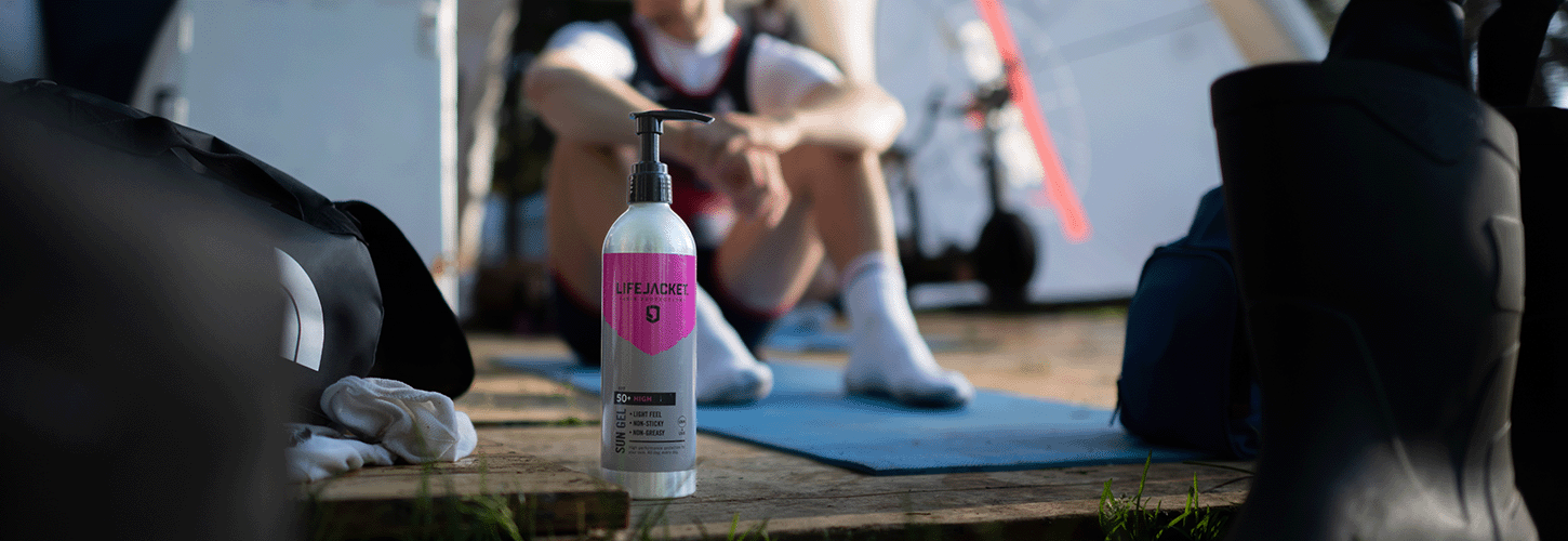 LifeJacket skin protection at World Cup I with GB Rowing Team member in background
