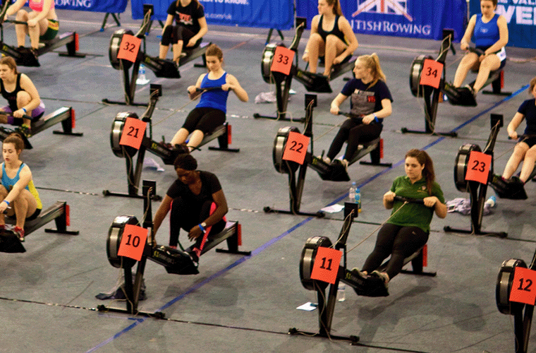 People doing 2k tests at British Rowing Indoor Championships