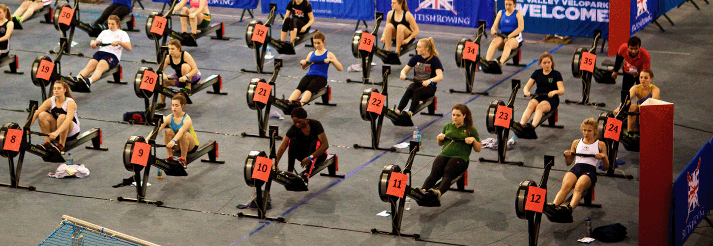 People doing 2k tests at British Rowing Indoor Championships