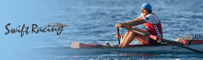 Swift Racing logo on photo of coastal sculler