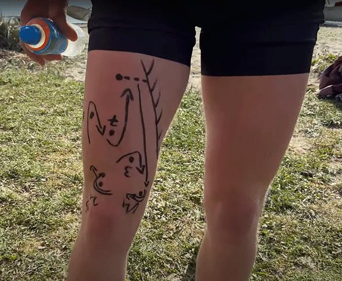 Coastal sculling endurance course drawn on athlets's leg